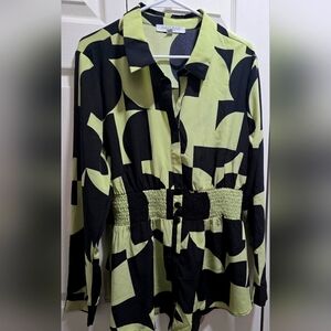 Sweet Rain Women’s Top Size XL  Green Black Abstract Print Blouse | Button Front